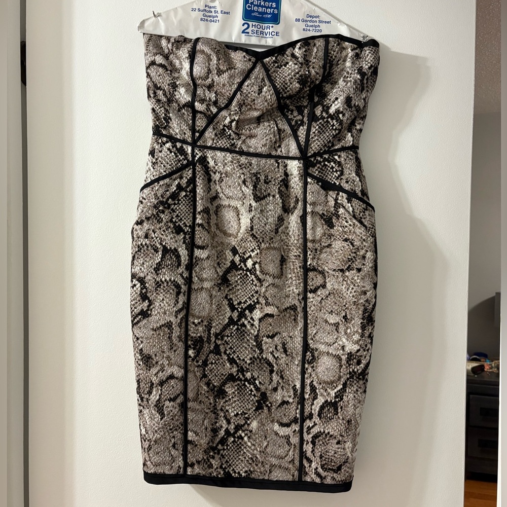 BCBGMaxAzria Strapless Snake Print Dress